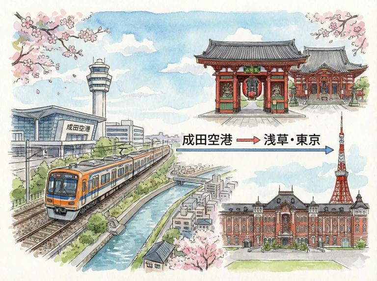 成田機場到東京、淺草的交通方式 AI手繪風