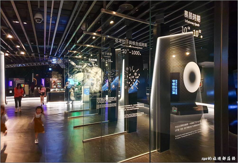 展示場三樓宇宙區，利用7片透明玻璃上的圖像，說明宇宙演化的重要階段。
